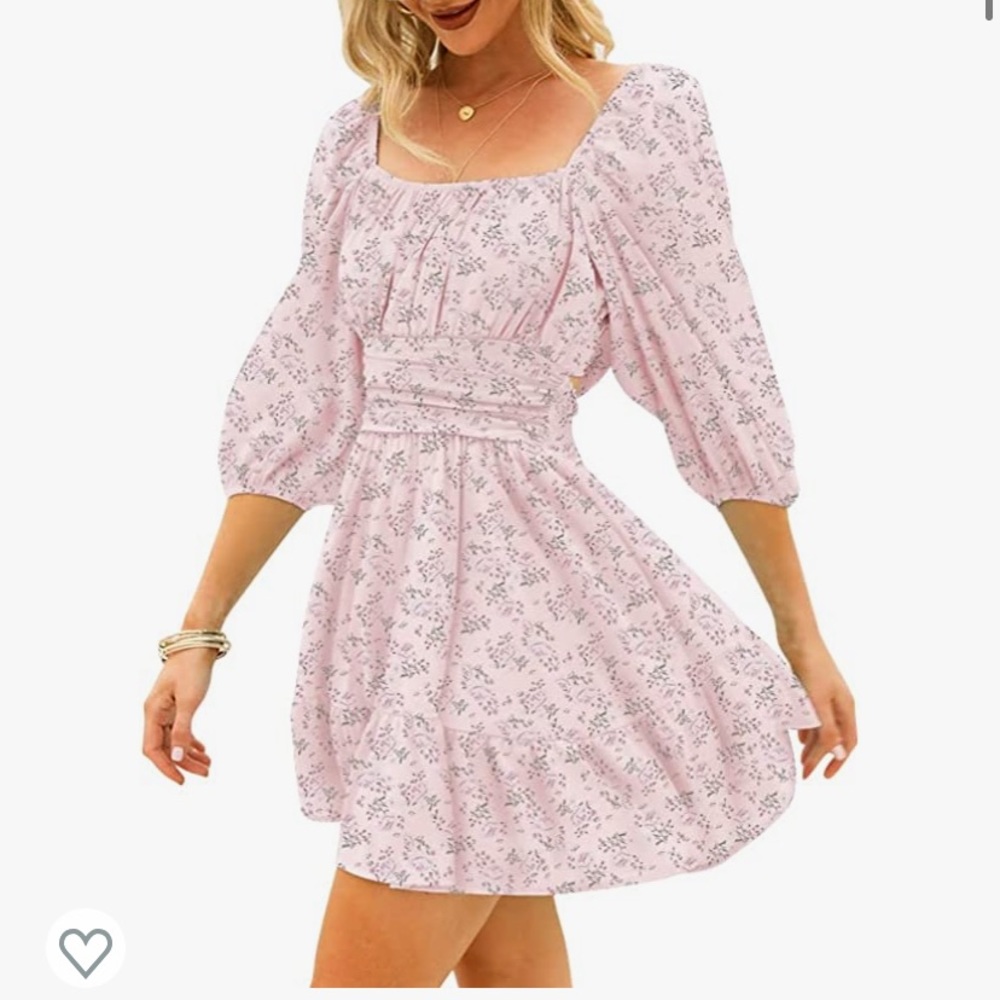 Pink floral lantern sleeve tie back midi dress